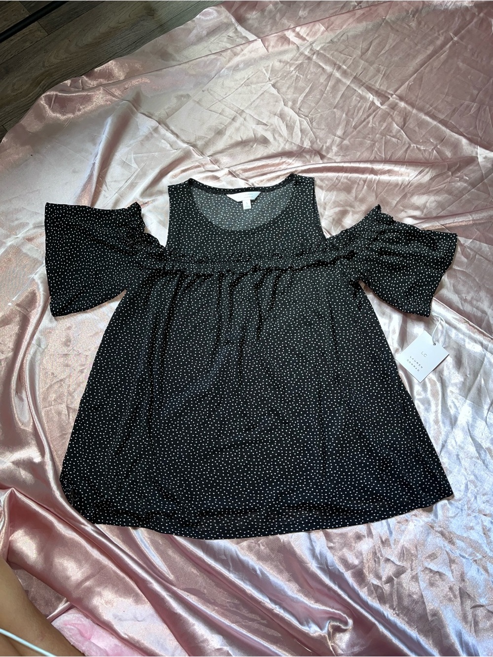 LC Lauren Conrad Black with White Polka Dot Cold-Shoulder Tunic